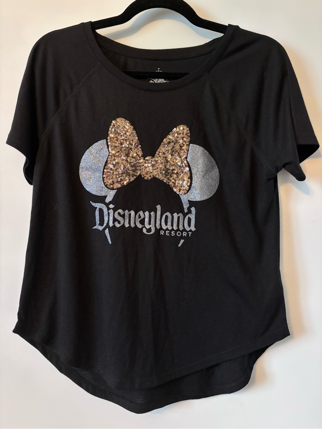 Disney Black Short Sleeve Tee With Gold Sequin Bow
